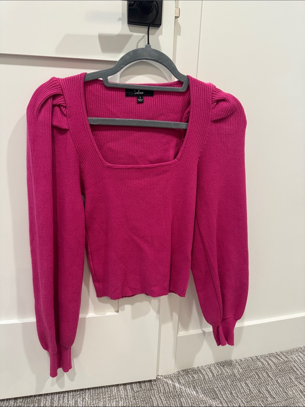Pink Puff Sleeve Square Neck Knit Top